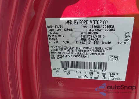 2005 Ford Escape Xls из США, поврежденный, VIN 1FMYU92Z15KC45047